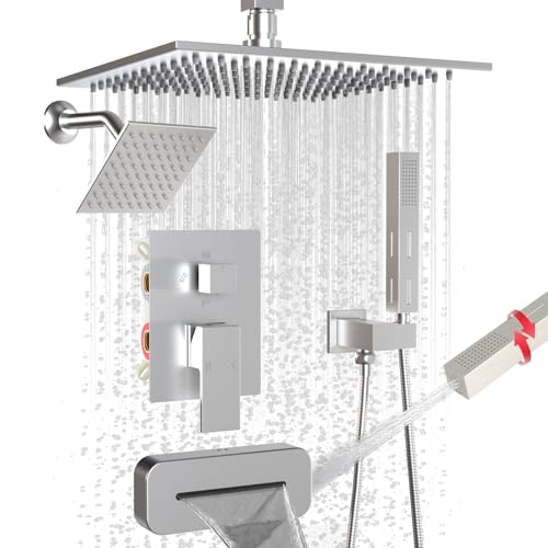 ENGA Dual Shower Head System with Tub Spout, Ceiling Mount 12 Inch Shower Head with 6 Inch Wall Mount Shower Head Shower Faucet Set, Brushed Nickel - color: Brushed Nickel, style: Tub+10"+6" Head