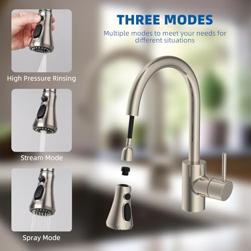 Hibbent Pull Down Kitchen Faucet Head Replacement, NSF/ANSI/CAN 61 & CUPC Certified 3-Function Sink Spray Nozzle with 15 Adapters Compatible with Moen, Delta, Kohler Faucets, Brushed Nickel - color: Brushed Nickel, style: 1.8 Gallon Per Minute