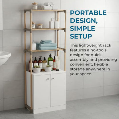 Honey-Can-Do 3-Tier Wood Over-the-Toilet Storage Shelf, Natural | Space-saving natural wood shelf fits over toilet/small appliances. 2 slatted shelves + hanging bar. Tool-free build.