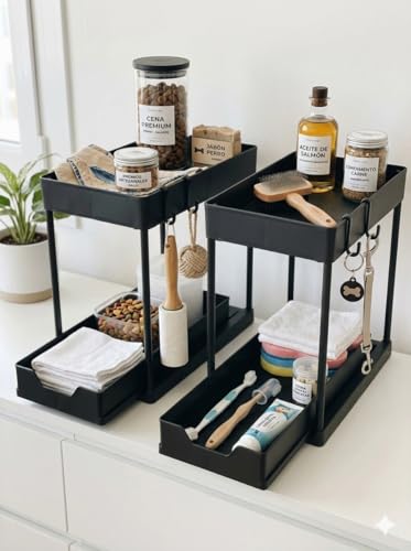 Set of 2 Under Sink Organizer, 2-Tier Black Plastic Storage Rack | Sliding Drawer, For Kitchen and Bathroom