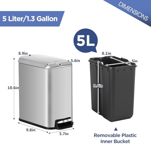 BestOffice Bathroom Trash Can with Lid, 1.3 Gallon Step Pedal Small Trash Can, Stainless Steel Trash Bin for Bathroom, Bedroom, Kitchen, Office (5L) (1 Pack) - color: Stainless Steel