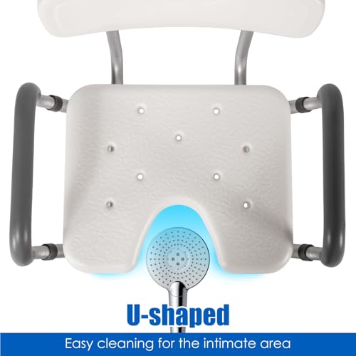 Shower Chair with Arms and Back, 330lbs Heavy Duty Bath Seat with U-Shaped Cutout, 21" Extra Wide Adjustable Shower Stool with 2 EVA Pads and Shower Head Holder, Tool-Free Assembly - color: Grey Pad-small