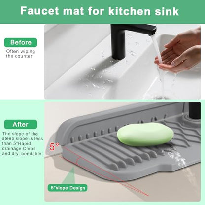 17 Inch Faucet Mat For Kitchen Sink Splash Guard Behind Faucet, ，5°Slope Fast Draining Silicone Mat , Dish Soap Sponge Holder for Bathroom Sink kitchen sink organizer (Grey, 17" x 6") - color: Gray
