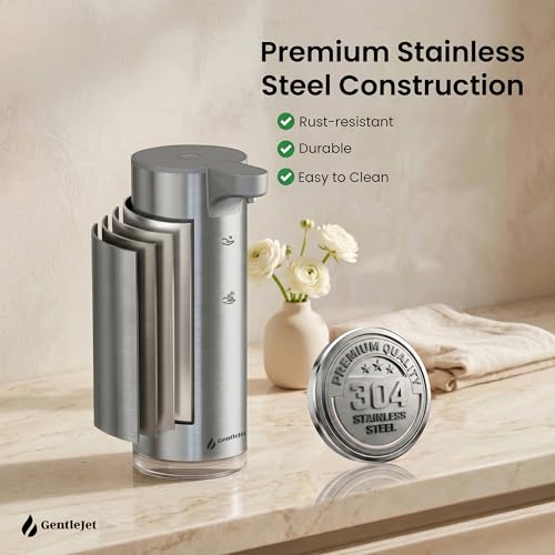 GentleJet EasyFoam Automatic Foaming Soap Dispenser, Touchless USB-C Rechargeable Sensor Pump, 304 Stainless Steel, Adjustable Foam, IPX5 Water-Resistant for Bathroom & Kitchen, 10 fl oz / 300 mL - color: Silver