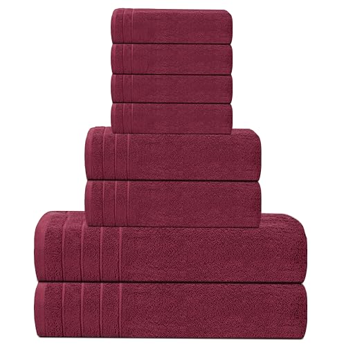 Tens Towels 8 Piece Towel Set, 2 XL Bath, 2 Hand, 4 Washcloth, Burgundy | 100% Cotton, Lighter Weight, Quicker to Dry, Super Absorbent, Perfect for Bathroom - color: Burgundy