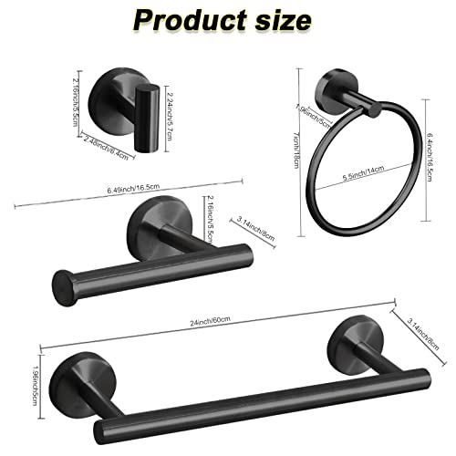 Cilee 10 Piece Matte Black Bathroom Accessories Set, 24 inch Towel Bar Set | Black Towel Bar Ring + Toilet Paper Holder + Robe Towel Hook, Stainless Steel Bathroon Hardware Set - color: Black, size: 24inch