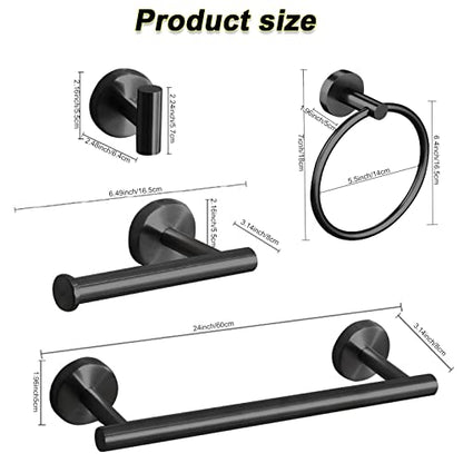 Cilee 10 Piece Matte Black Bathroom Accessories Set, 24inch Black Towel Bar Ring+Toilet Paper Holder+ Robe Towel Hook SUS304 Stainless Steel Bathroon Hardware Set - color: Black, size: 24inch