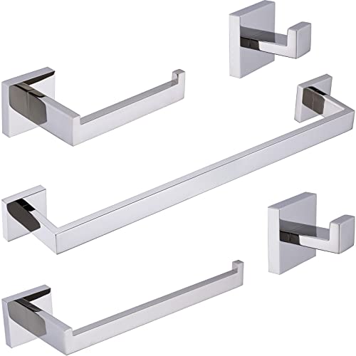 TRUSTMI Chrome 5-Piece Bathroom Hardware Set Wall Mount | SUS304 stainless steel, laser-welded seamless, 23.6" bar, 10.6" ring, 6.3" holder, 2 hooks, hardware included - color: Chrome