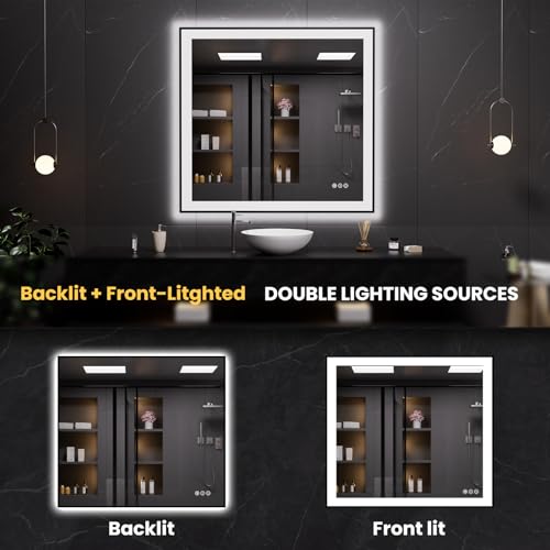 LOAAO 40"X38" LED Bathroom Mirror Black Framed | Anti-Fog, Dimmable, Memory Function, Tempered Glass, Lighted Vanity Mirror for Wall - size: 40"L x 38"W