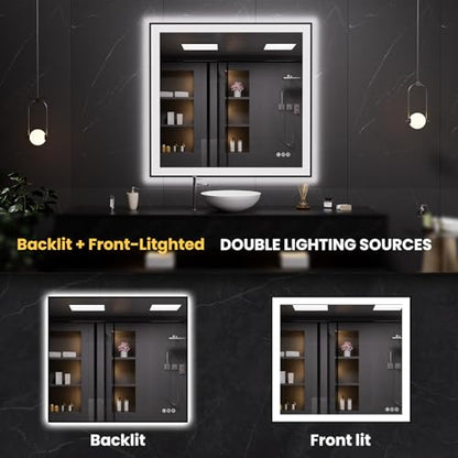 LOAAO 40"X38" LED Bathroom Mirror Black Framed | Anti-Fog, Dimmable, Memory Function, Tempered Glass, Lighted Vanity Mirror for Wall - size: 40"L x 38"W