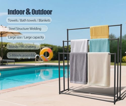3 Tier Standing Towel Rack - Extra Wide Large Bathroom Towel Stand, Heavy-Duty Metal Towel Drying Rack for Poolside (Matte Black, 37.4” Wide) - color: Matte Black