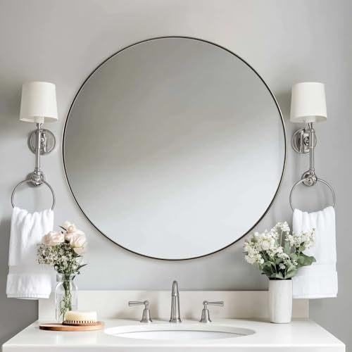 ANDY STAR 28" Brushed Nickel Bathroom Mirror, Round Brushed Nickel Vanity Mirror, Silver Circular Mirror in Stainless Steel Metal Frame for Wall Decor, Living Room, Powder Room - color: Silver, size: 28"L x 28"W