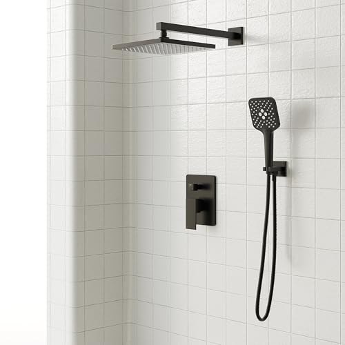 Gabrylly Shower System, 10 Inches Rain Shower Heads with Handheld Spray Combo, Wall Mounted Shower Faucets Sets Complete with Shower Valve Kit, Shower Head and Handle Set, Matte Black - color: matte black 02