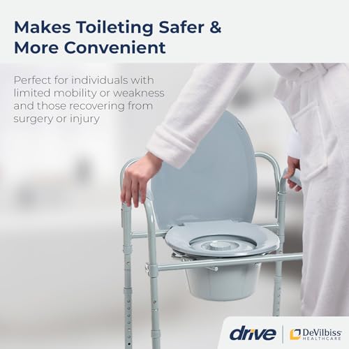 Drive Medical Folding Steel Bedside Commode Chair, 3-in-1, Gray | Folding Steel Bedside Commode Chair Offers 3-in-1 Portable Toilet Design with 7.5 Qt Bucket and 350 Lb Capacity