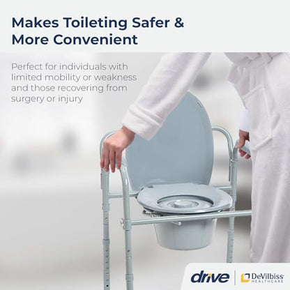 Drive Medical Folding Steel Bedside Commode Chair, 3-in-1, Gray | Folding Steel Bedside Commode Chair Offers 3-in-1 Portable Toilet Design with 7.5 Qt Bucket and 350 Lb Capacity