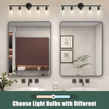 Bathroom Vanity Light Fixtures Matte Black Bathroom Lighting Fixture, 5 Lights Bathroom Light Fixture Over Mirror, Modern Black Vanity Light, Wall Sconces with Glass Shades - color: Matte Black, size: 5 Lights