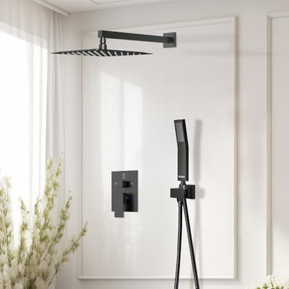 STARBATH Shower Faucet Set Shower System with Diverter Valve, Matte Black | 8" Wall Mount Rain Shower Head and Handheld Spray for Two Person, Shower Set with Valve and Trim Kit Complete - color: Matte Black, size: 8"-01