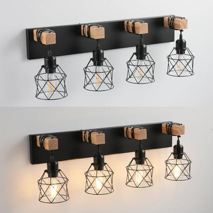 Farmhouse Vanity Light Fixture,4-Light Bathroom Lighting,Black Industrial Wood Wall Light Over Mirror with Metal Shade,LED Bulbs Not Included - color: Black, size: 4-Light-Wide 28"