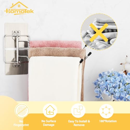 HOMOTEK Swivel Towel Rack Adhesive Stainless Steel Towel Hanger 3-Arm Towel Bar, Space Saving Towel Holder Rack for Bathroom Kitchen, Brushed Finish 1 Pack