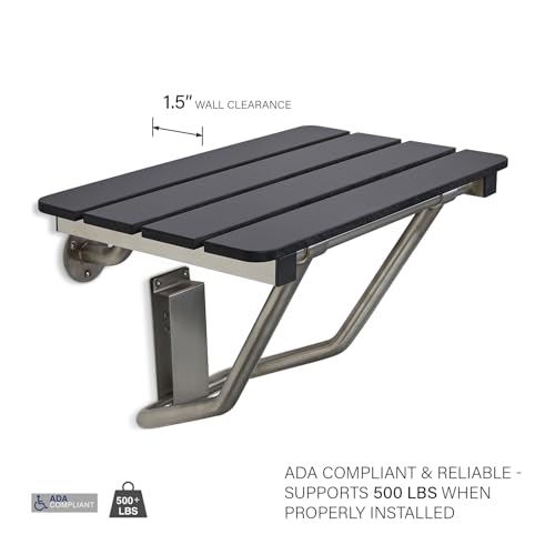28-inch x 15-inch ADA Folding Wall Mount Bathroom Shower Seat Bench, Black Slatted Phenolic Seat - color: Black, size: 28"