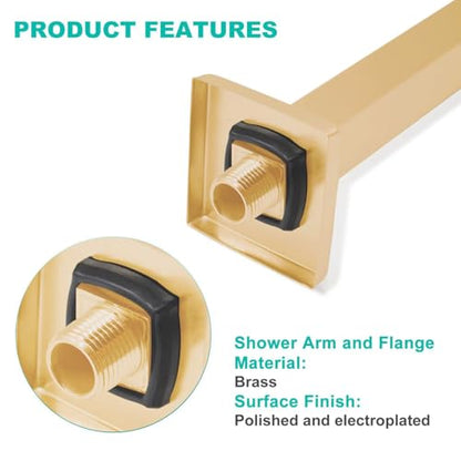 Enga Brass 12 Inch Ceiling Mount Shower Arm and Flange, Square Rain Shower Head Arm, Brushed Gold - color: Brushed Gold, style: 12 Inch