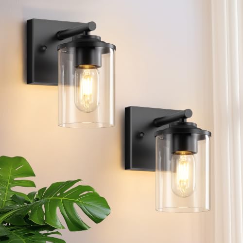 Wall Sconces Set of Two, Modern Bathroom Sconces with Clear Glass Shade, Matte Black Vanity Lights for Bathroom, Farmhouse Wall Light Fixtures for Mirror, Bedroom, Living Room - size: 1-Light (2 Pack)