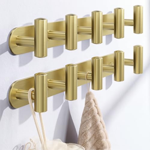 Optish 2 Pack Coat Rack Wall Mount, Bathroom Towel 5 Hooks, Heavy Duty Coat Hooks for Robe, Bag, Key, Hat, Hook Rack Hanger for Entryway, Bedroom, Gold - color: Gold