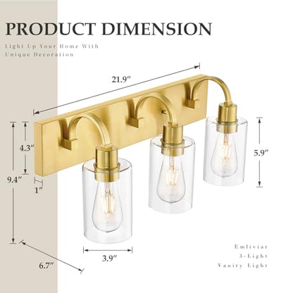 Emliviar 3-Light Vanity Lights for Bathroom, Brushed Gold Bathroom Light with Clear Glass Shade, YCE237B-3W BG - color: Brushed Gold - Clear Glass, size: 3-Light