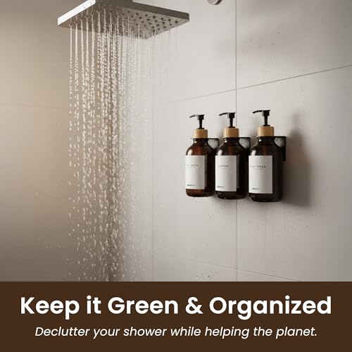 MaisoNovo Shampoo and Conditioner Dispenser|Refillable Amber Bamboo 3-Pack | 500 ml Shower Gel Dispenser Set of 3. Refillable Shampoo and Conditioner Bottles. Drill Free Secure Design. Amber Bamboo - color: Amber Bamboo Set of 3