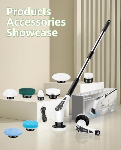 Cordless Electric Spin Scrubber, 8-in-1 Bathroom Cleaner | Bathroom scrubber, LED display, dual speeds, IPX7 waterproof, interchangeable heads for grout, tub, shower, wet-dry vacuum - size: 8heads