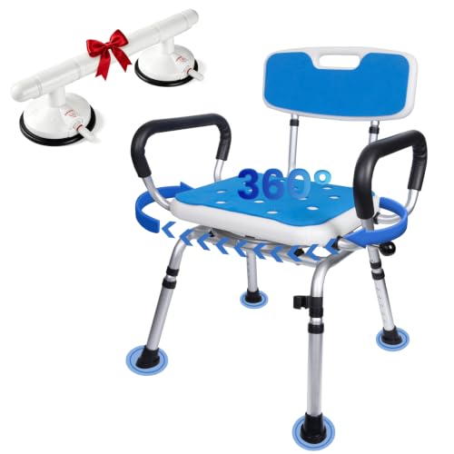 Swivel Shower Chair with Handle 500lbs Capacity Adjustable Arms & Back | 360° Swivel, 5-Level Height Adjust, Non-Slip Feet, Tool-Free Assembly With Extra Suction Bath Grab Bar - size: Blue Set