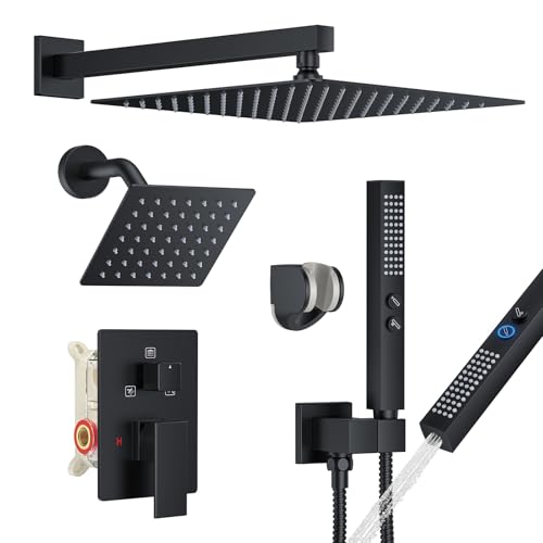 Rain Shower System 12" & 6" Dual Shower Heads, Wall Mount Shower Faucet Set | Ideal for bathroom remodels and upgrades with 12" rain shower, 6" angled shower, handheld spray and complete valve kit. - color: Matte Black, size: Wall Mounted - 12"+6" Shower
