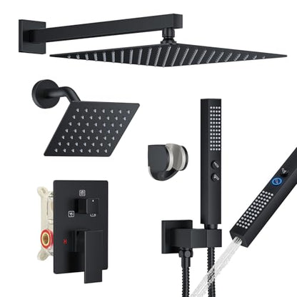 Rain Shower System 12" & 6" Dual Shower Heads, Wall Mount Shower Faucet Set | Ideal for bathroom remodels and upgrades with 12" rain shower, 6" angled shower, handheld spray and complete valve kit. - color: Matte Black, size: Wall Mounted - 12"+6" Shower