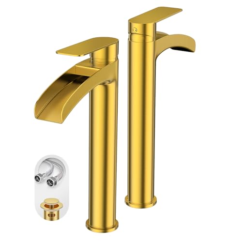 Phiestina Brushed Gold Tall Bathroom Vessel Sink Faucet 2 Pack, Single Hole Single Handle Waterfall Above Countertop Sink Bathroom Faucet, with Pop Up Drain,Water Supply Line, NS-SF01-V-BG-2pack - color: Brushed Gold, style: 2 pack