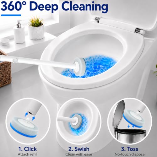 UFORU Disposable Toilet Brush and Holder Set, Toilet Wand Kit, 42 Refills | Preloaded Foaming Heads, Hands-Free Release, Flexible Under-Rim Reach, Auto-Open Caddy, Wall-Mount Storage, Bathroom & RV Use