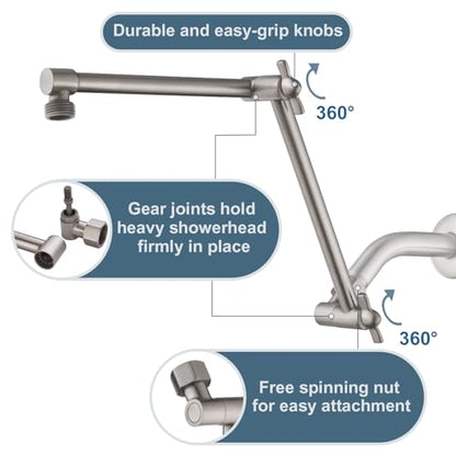 BRIGHT SHOWERS Brass Shower Arm Extender for Rain and Handheld Shower Head, 14 Inch Universal Shower Head Extension Arm, Adjustable Height & Angle, Brushed Nickel - color: Brushed Nickel, style: 14 Inch