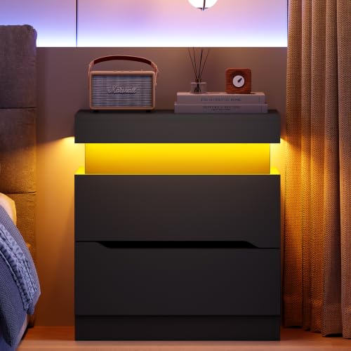 Nightstands Set of 2, Night Stand with 2 Drawers, Nightstand with App-Controlled Adjustable LED Light, Bedside Table with Slidable Hidden Storage Space, Modern Nightstands for Bedroom,Black - color: Unbzx031hd2-zf