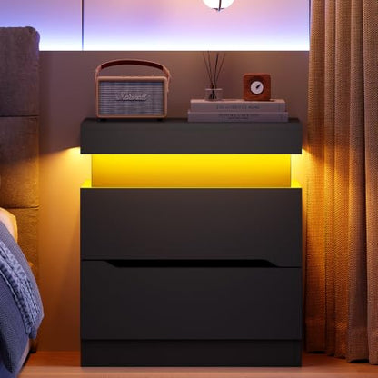Nightstands Set of 2, Night Stand with 2 Drawers, Nightstand with App-Controlled Adjustable LED Light, Bedside Table with Slidable Hidden Storage Space, Modern Nightstands for Bedroom,Black - color: Unbzx031hd2-zf