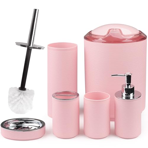 CERBIOR Bathroom Accessories Set Bath Ensemble Includes Soap Dispenser, Toothbrush Holder, Toothbrush Cup, Soap Dish for Decorative Countertop and Housewarming Gift (Pink Spiricle) - style: Blush Pink
