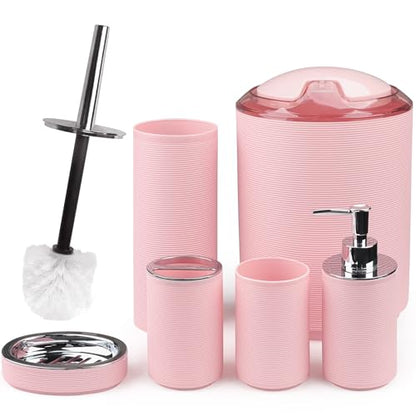 CERBIOR Bathroom Accessories Set Bath Ensemble Includes Soap Dispenser, Toothbrush Holder, Toothbrush Cup, Soap Dish for Decorative Countertop and Housewarming Gift (Pink Spiricle) - style: Blush Pink