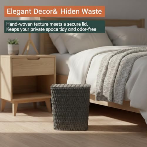 Coeusy 3 Gallon Paper Rope Bathroom Trash Can,Small Wicker Trash Cans with Lid and Liner,Woven Rattan Narrow Waste Basket for Bedroom,Office,Grey - color: Grey