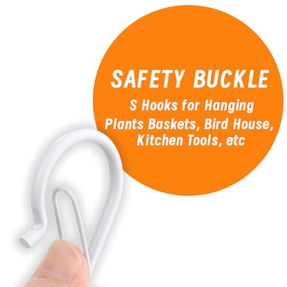 12 PCS S Hooks for Hanging with Safety Buckle, Heavy Duty Metal S Hooks | 3.5 inch S Shaped Hanger Hooks for Hanging Kitchen Utensil, Cups Pots Pan Closet Plants Purse Bags Hats (White) - color: White