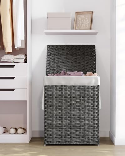 SONGMICS Laundry Hamper with Lid, 23.8 Gallon (90 L) Synthetic Rattan Clothes Laundry Basket with Lid and Handles, Foldable, Removable Liner, Dove Gray ULCB51WG - color: Dove Gray, size: 90 L