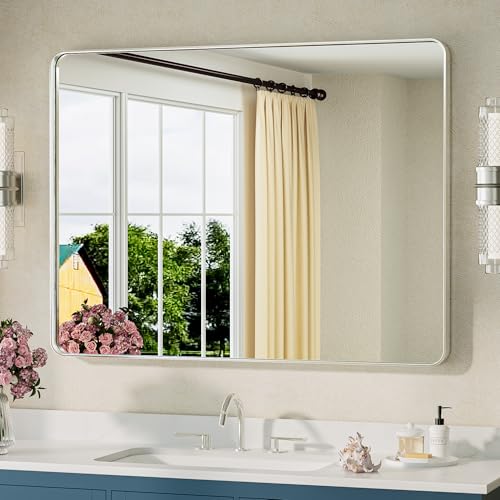 TETOTE Brushed Nickel Bathroom Mirror 40 x 30 Inch Brushed Nickel Metal Framed Bathroom Mirror, Tempered Glass, Modern Farmhouse Wall Mounted Mirror for Decorative(Horizontal/Vertical) - color: Brushed Nickel, size: 30"L x 40"W