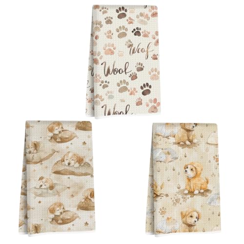 3Pcs Adorable Dog Portrait Kitchen Towels Waffle Soft Dish Hand Towels | Watercolor Decorative Absorbent Microfiber Cloth Tea Towel for Kitchen Home Bathroom, Dog Lover Gifts - color: Multi 1365