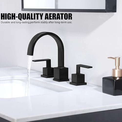 Matte Black Bathroom Faucet, Black Faucet Bathroom 3 Hole 8inch Widespread Waterfall 2 Handle Black Faucets Bathroom Sink Vanity Faucet with Pop Up Drain and Supply Lines - color: Matte Black