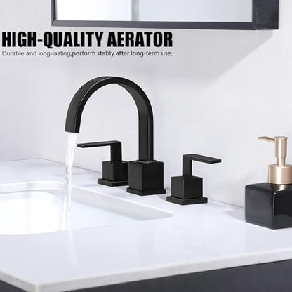 Matte Black Bathroom Faucet, Black Faucet Bathroom 3 Hole 8inch Widespread Waterfall 2 Handle Black Faucets Bathroom Sink Vanity Faucet with Pop Up Drain and Supply Lines - color: Matte Black