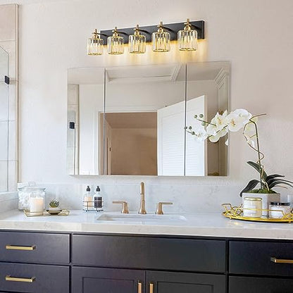 Modern Crystal Bathroom Vanity Lights, Black Gold 5-Lights Bathroom Light Fixtures Over Mirror, Crystal Wall Lighting with Polished Gold Finish(Exclude Bulb) - color: Black Gold-Round Shade, size: 5-Light