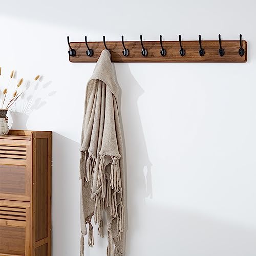 SKOLOO Farmhouse Style Wall Mounted Coat Rack, 38.6'' Pine Solid Wood Coat Hook Hanger - 10 Hooks for Hanging Clothes Robes Towels Coats - color: Brown Plate & Black Hook, size: 1 Item-10 Hooks