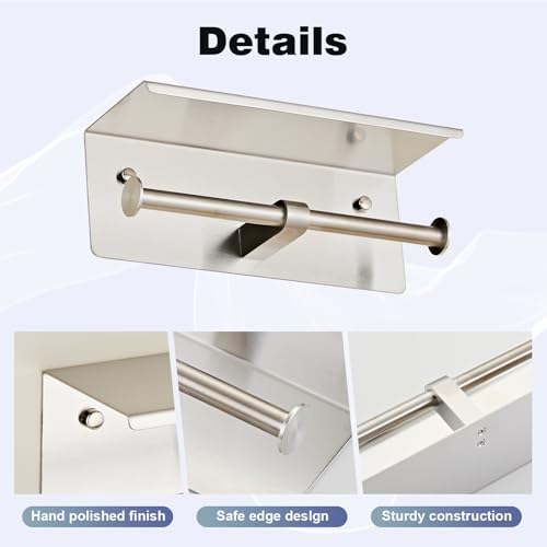 Toilet Paper Holder, NEWRAIN Double Bathroom Toilet Paper Roll Holder with Shelf, Stainless Steel Wall Mounted RV Tissue Roll Holder, Brushed Nickel Commercial Farmhouse Toilet Paper Dispenser - color: Brushed Nickel, style: Double